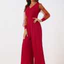 Allegra K Women's Elegant V Neck Mesh Long Sleeve Loose Wide Leg Romper Party Jumpsuits (Red, M)