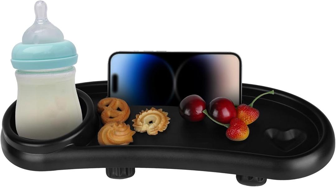 Universal Stroller Snack Tray with Cup Holder and Silicone Flexible Arms Gripper, Black Adjustable BPA-Free Non-slip Snack Tray for Stroller Accessories Easy to Clean