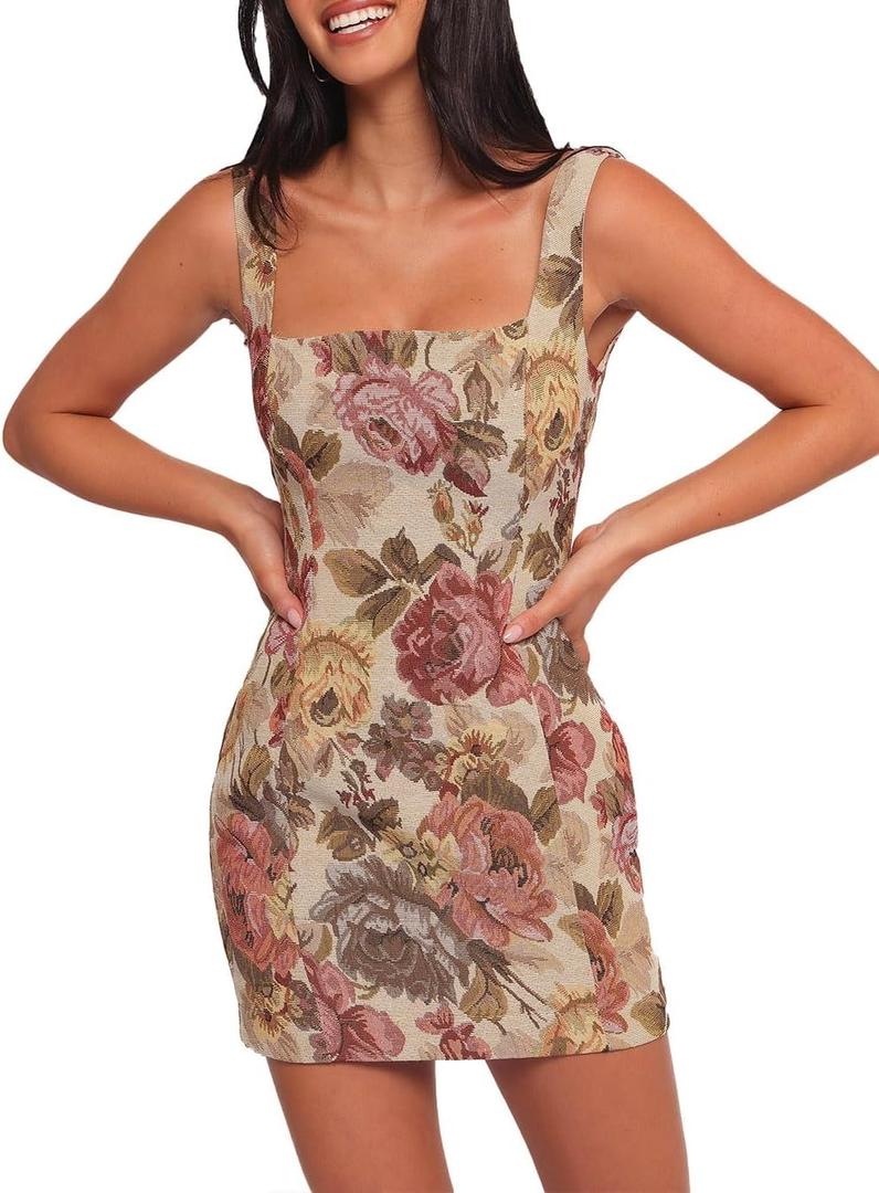 Women's Floral Jacquard Dresses Adjustable Strap Sundress A-Line Tank Mini Dress (Medium)