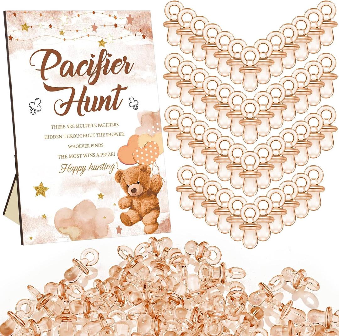 Thyle 51 Pcs Brown Bear Pacifier Hunt Baby Shower Games Bear Themed Baby Shower Game Decoration Include Hunt Sign and 50 Acrylic Pacifiers Gift Sets for Gender Reveal Newborn Announcement Party Decor