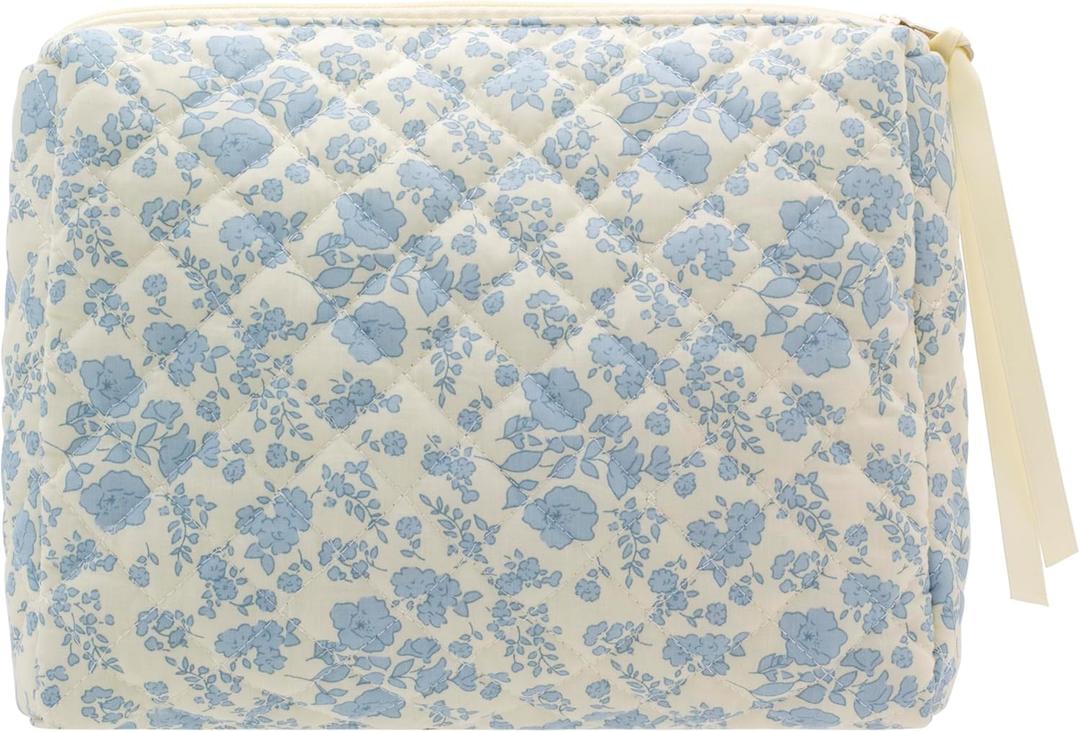PAZIMIIK Quilted Makeup Bag Large Travel Zipper Soft Cosmetic Pouch for Women Girls Make Up,Little Flower Blue (1 PCS Pouch)