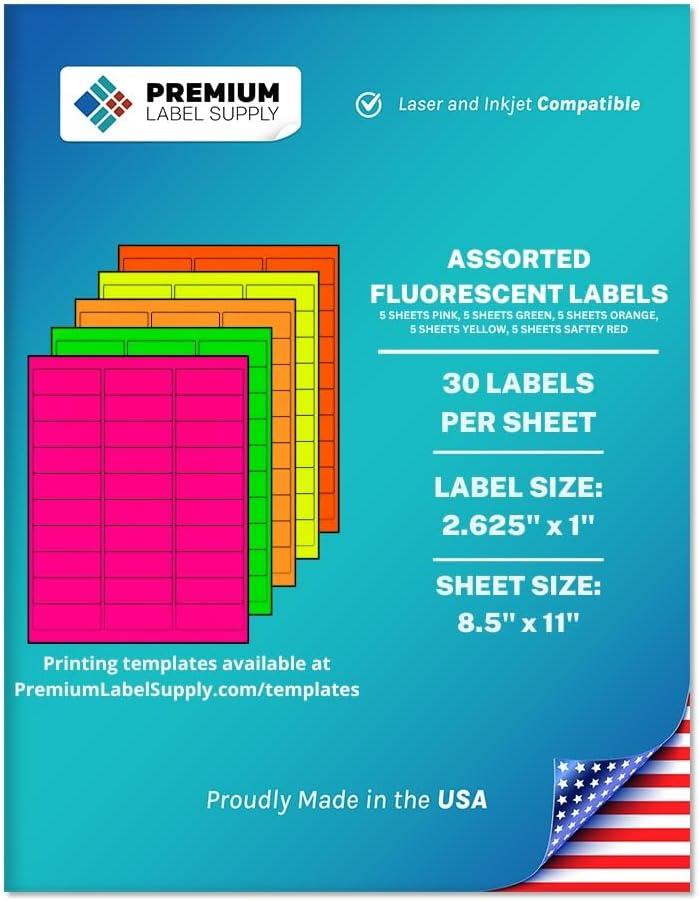 Premium Label Supply Bright Neon Color Fluorescent Stickers - 2.625" x 1" Address Labels - (Assorted Fluorescent, 750 Labels)