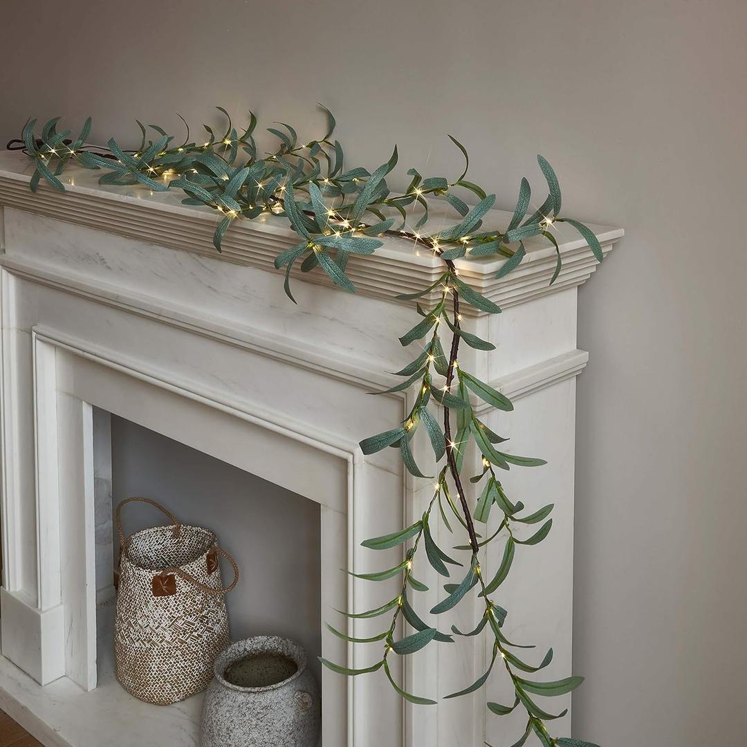 LITBLOOM Lighted Olive Garland Battery Operated with Timer 96 Fairy Lights 6FT, Artificial Greenery Twig Vine Lights for Christmas Spring Fireplace Mantle Decoration Indoor Outdoor