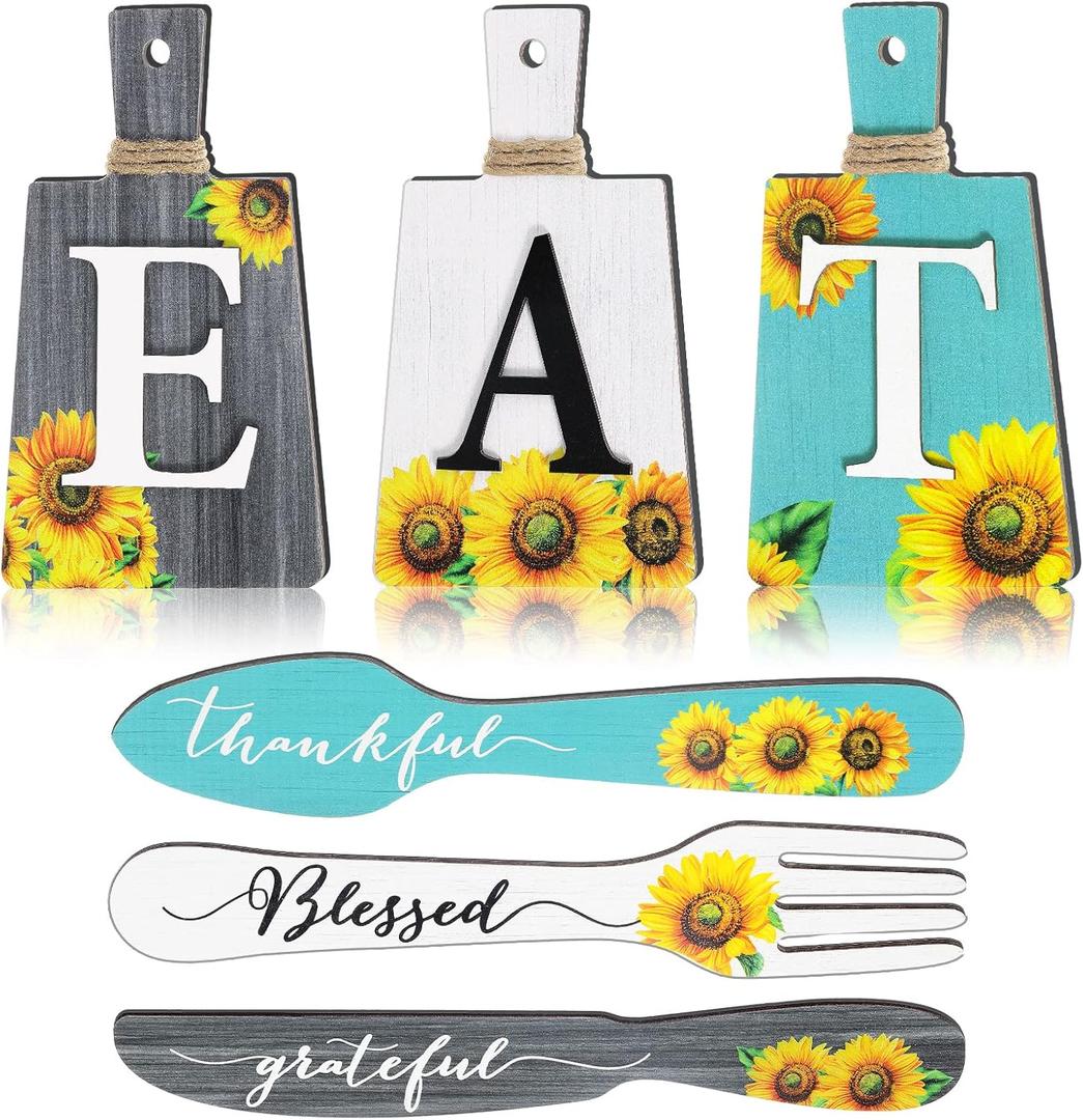 Yerliker 6 Pieces Sunflower Kitchen Decor Eat Signs Fork and Spoon Wall Decor Cutting Board Eat Sign Set Rustic Primitive Country Farmhouse Kitchen Decor for Kitchen Home Decoration (Blue)