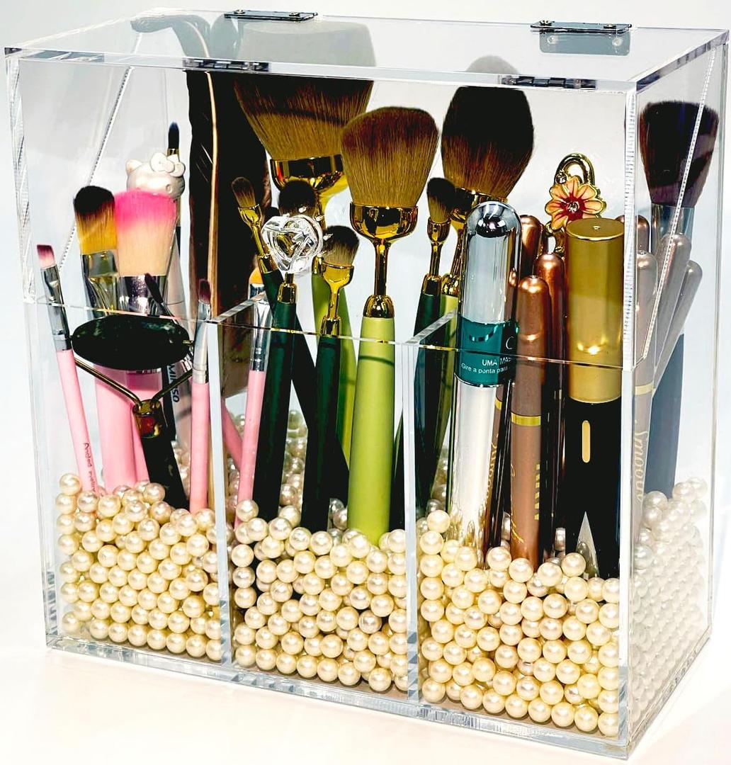 Acrylic Makeup Organizer,Clear Cosmetic Brush Storage Box With 3 Brush Holders,with Dust Cover, Large-capacity Split Design can Quickly Organize the Desktop (with3 bags of white pearls