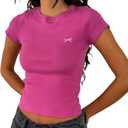 Women Y2K Crop Tops Short Sleeve Ribbed Knit Shirts Cute Bow Embroidery Tee Shirts Teen Girls Slim Fitted Baby Tees (Large, Fuchsia)