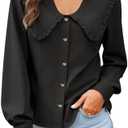 Cicy Bell Womens Peter Pan Collar Shirts Summer Button Down Long Sleeve Tops Dressy Casual Cute Blouses L