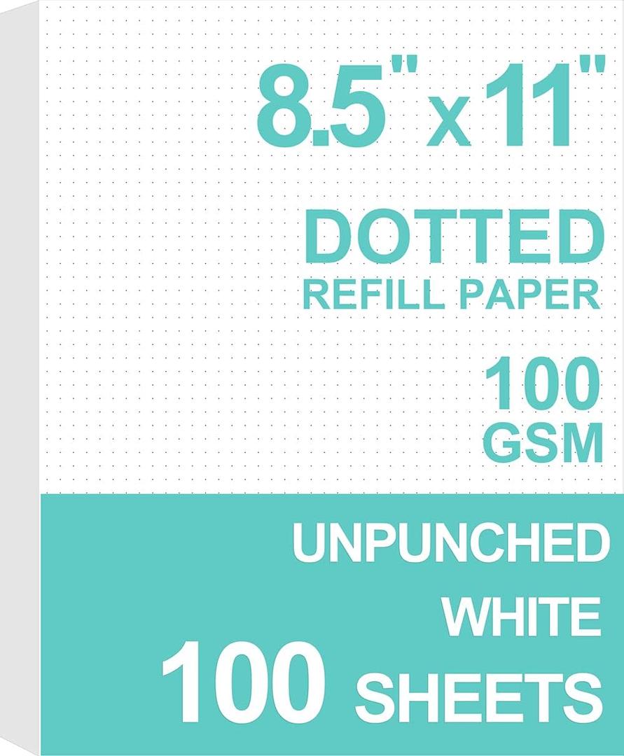 Getvow A4 Unpunched Refill Paper, Loose Leaf Filler Paper for Ring BinderDisc Notebook Planner Inserts, 100gsm Dot Grid White Paper, 100Sheets200Pages, 8.5 x 11