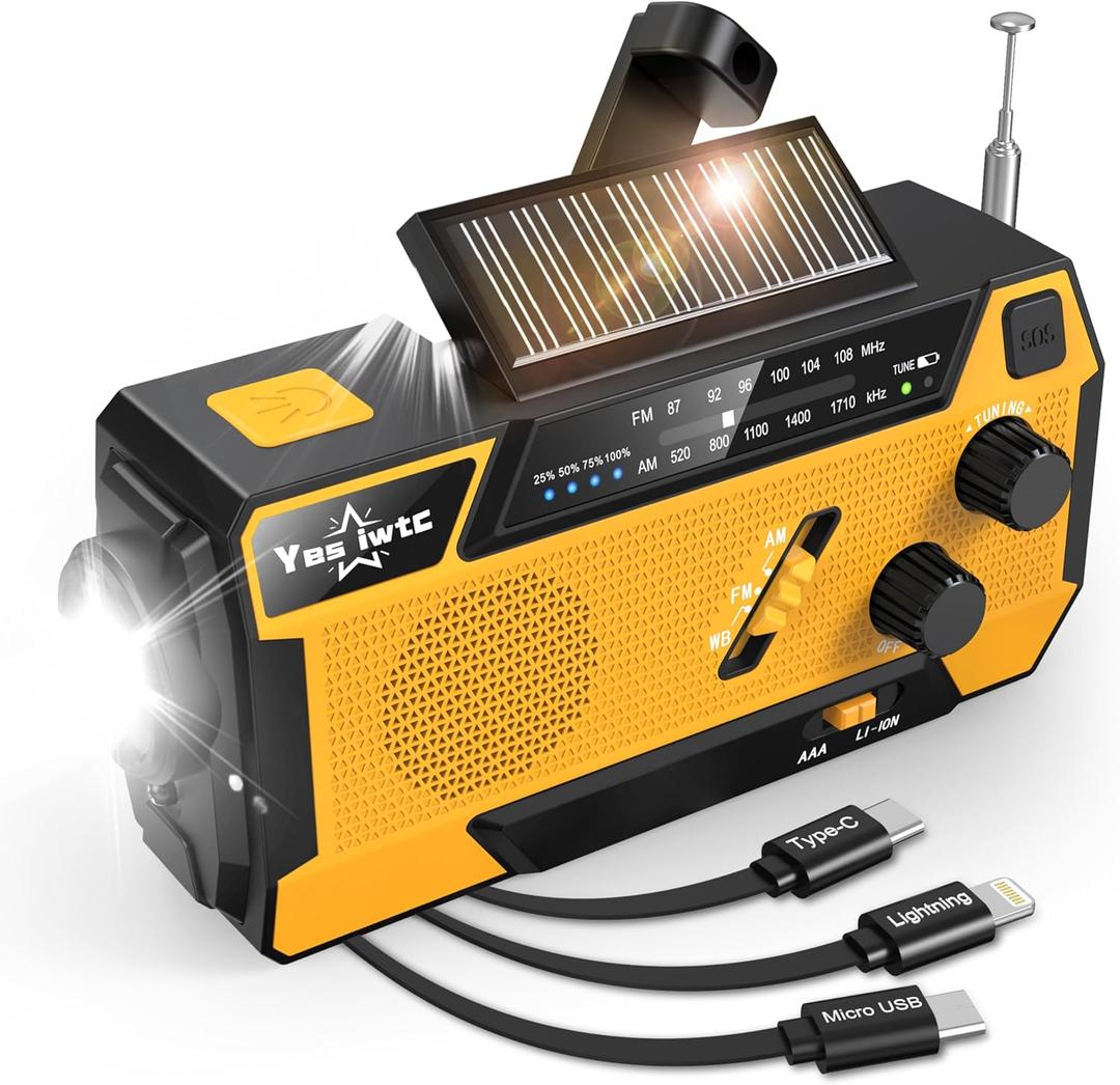 Hand Crank Emergency Radio NOAA Weather Radio 7400mWh Battery Operated 3 in 1 Charging Cable Hand Crank Charger with AM FM Portable Solar Powered Radio for Winter Storm Hurricane Survival Gear (2000mAh Orange)