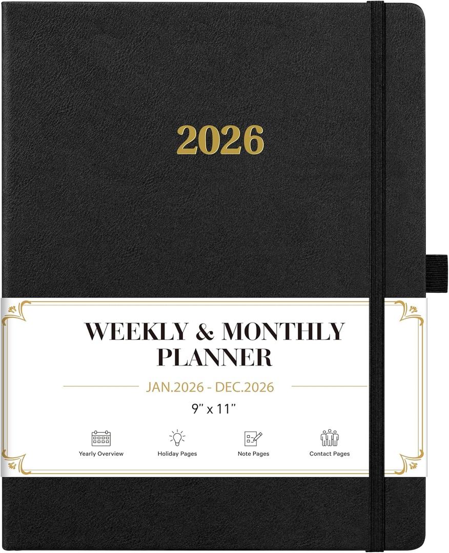 2026 Planner - Weekly and Monthly Planner 2026, Jan.2026 - Dec.2026, 9" x 11", 2026 Calendar Planner with Inner Pocket + Bookmarks+ Leather Hardcover, Black