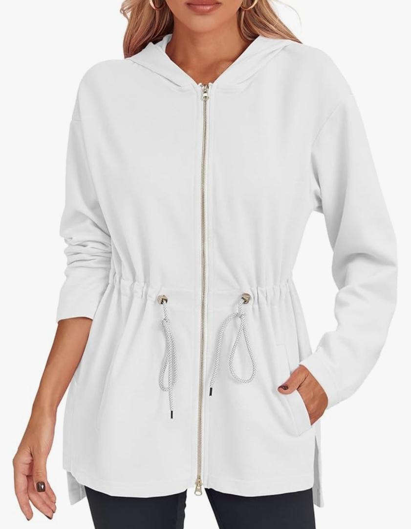 Fisoew Women's Zip Up Hoodie Sweatshirts Oversized Long Sleeve Casual Drawstring Waist Side Slit Tunic Tops Size M