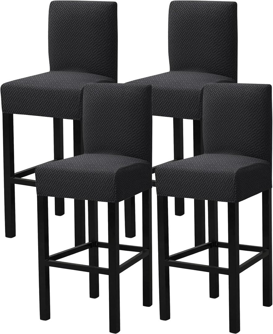 Gollense Bar Stool Covers Set of 4 Stretch Jacquard Barstool Slipcovers Washable Dining Chair Seat Covers with Back Removable Pub Counter Tall Chair Protectors for Kitchen Island Chairs (Black)