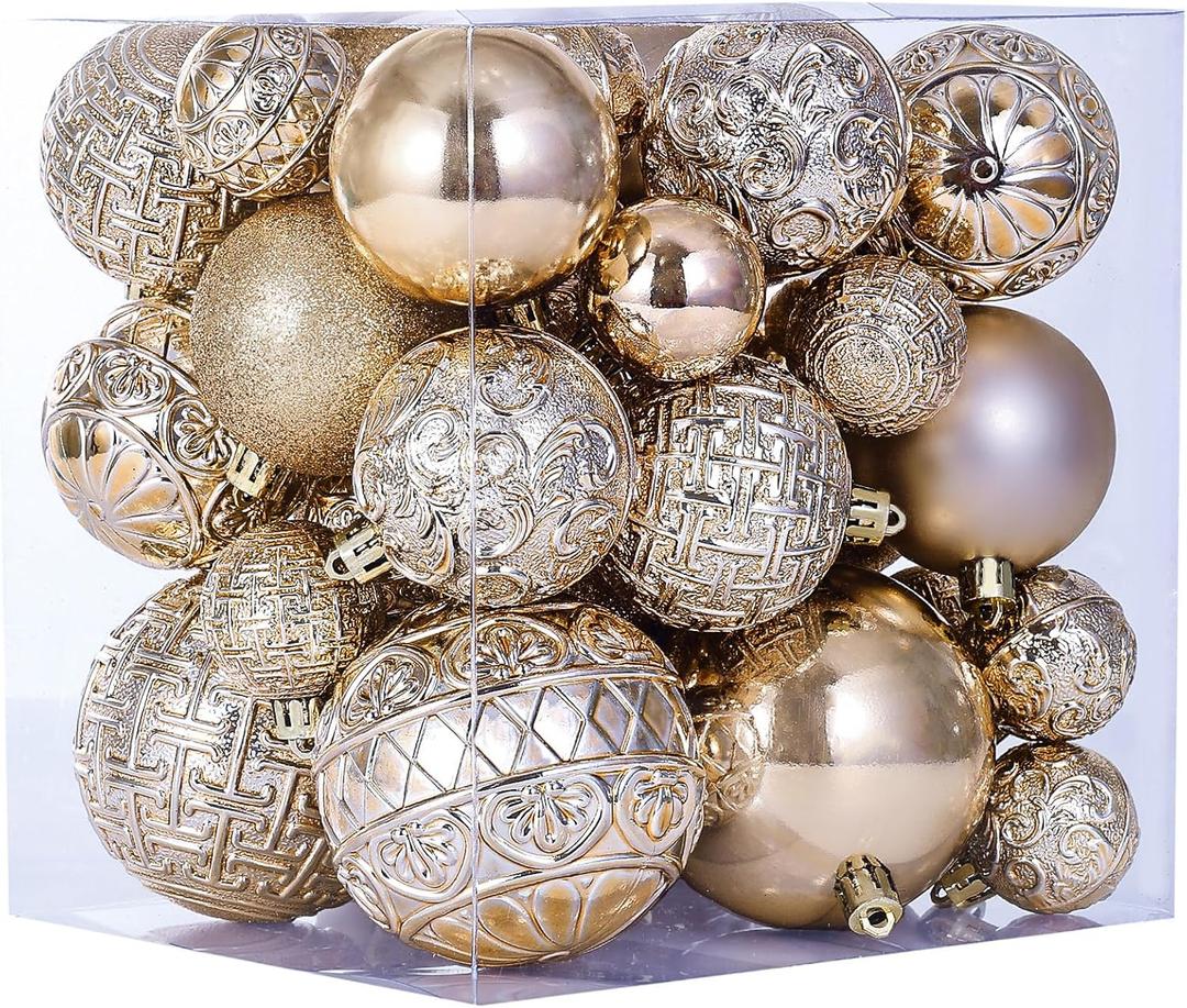 46 Pcs Champagne Christmas Ball Ornaments, Shatterproof Christmas Tree Ornaments Set with Velvet Christmas Bows Decor, Vintage Xmas Decorations with Hanging Hooks in 3 Sizes(Small Medium Large)