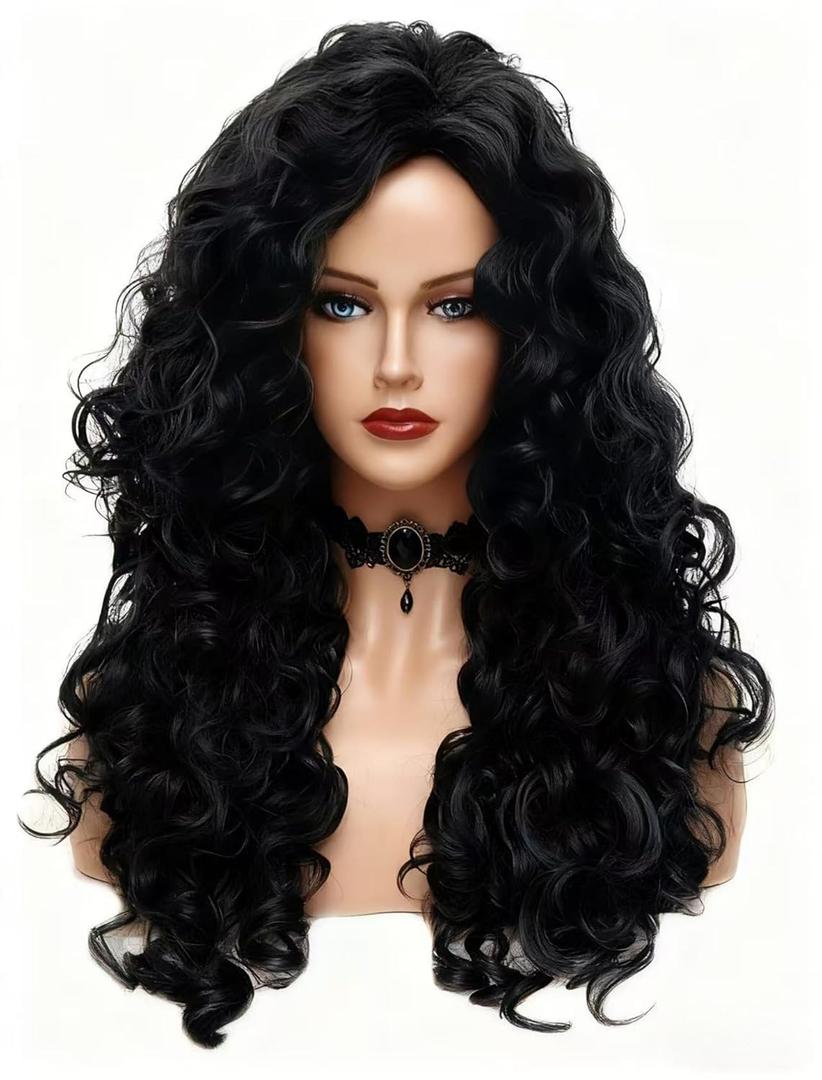 Rugelyss Long Wavy Wigs 28 Inches Natural Black Synthetic Kinky Curly Hair Wig for Women, Black
