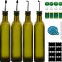 17oz 4 Pcs Olive Oil Dispenser Bottle,500ml Glass Oil and Vinegar Dispenser Set with 4 Stainless Steel Pourers, 8 Labels,Funnel Oil Bottles for Kitchen (Green)