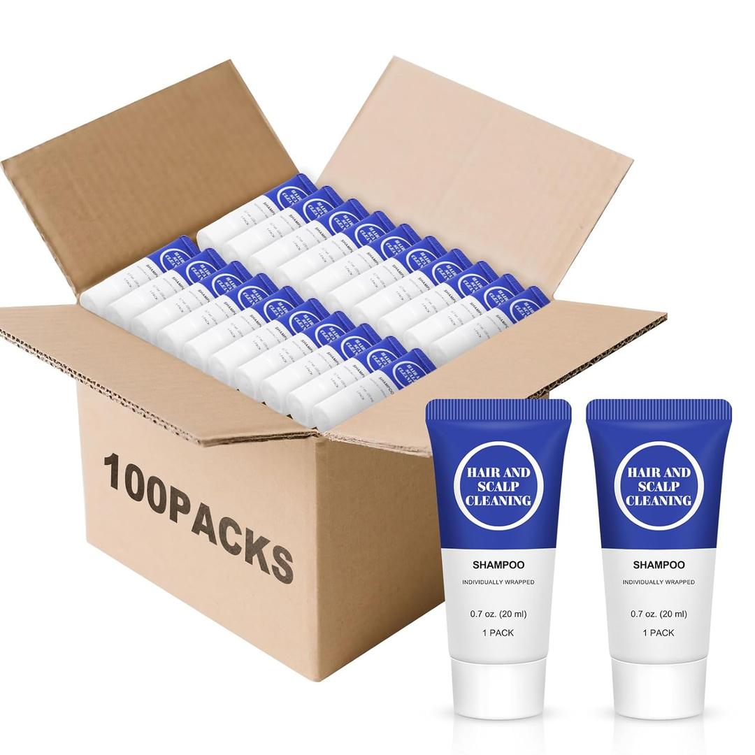 Travel Size Shampoo, Mini Shampoo Gel Set, Individually Wrapped Bulk, Trial Sample Small Single Use Toiletries Amenities Kit for Men & Women for Hotel/Camping/Homeless 0.7 Fl Oz (Pack of 100)
