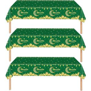 Qpout 3 Pack Ramadan Decorations Ramadan Table Cloth, Green and Gold Ramadan Kareem Table Cover, 54x108 Inch Ramadan Tablecloth, Ramadan Mubarak Table Decorations Eid Decorations, Plastic Disposable