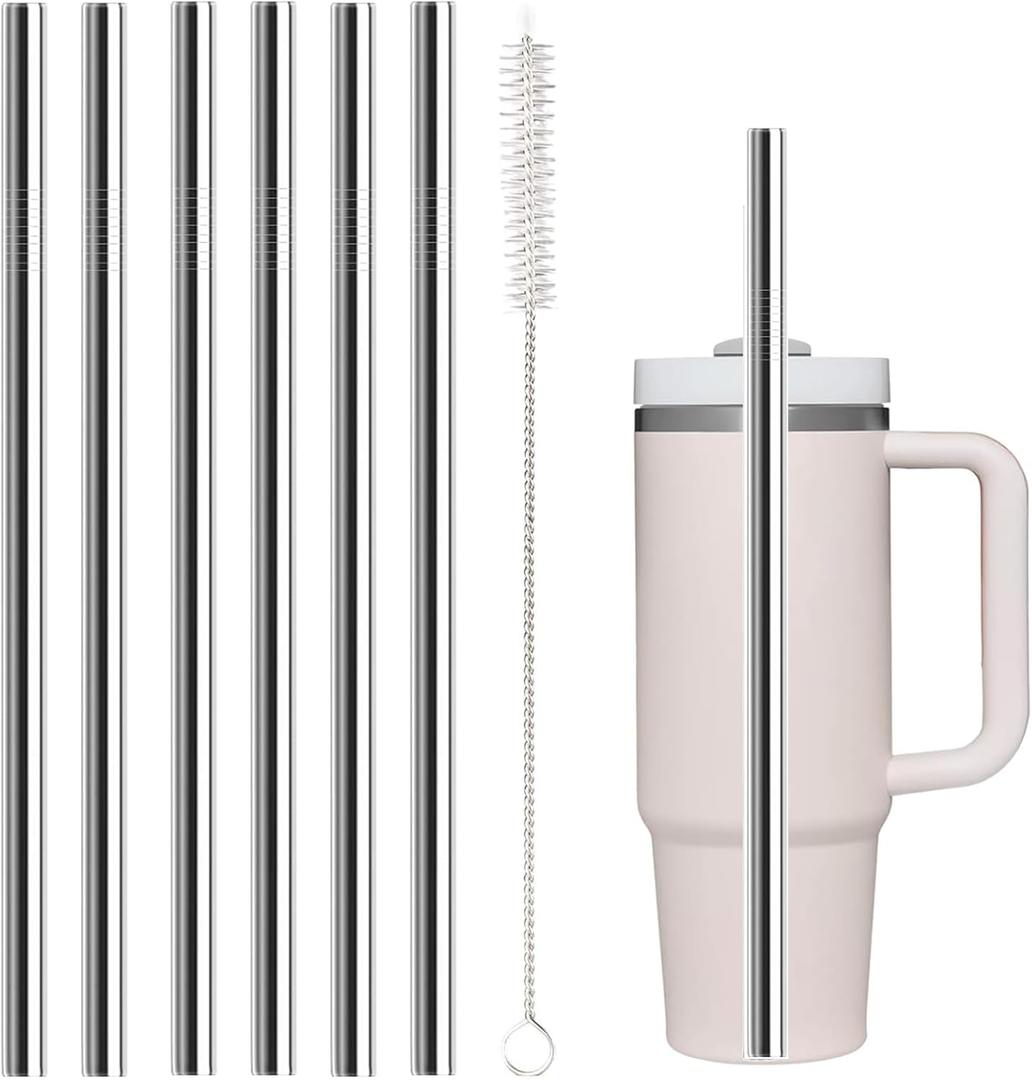 Stainless Steel Straw Replacement for Stanley 40 oz 30 oz,6 PCS Straight Reusable Metal Straws with Cleaning Brush, Compatible for 40oz Stanley Cup Tumbler (11.81 Inch0.375 Inch 6 PCS)