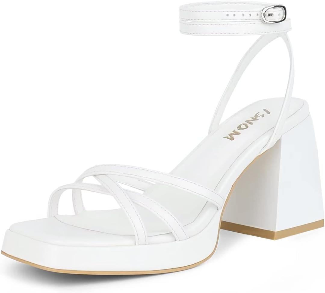ISNOM Platform Heels for Women Comfortable Strappy Heels Short Block Chunky Sandals Ankle Strap Simple Summer Heeled Sandals Square Open Toe for Wedding Work Party Dressy Prom (8, Matte white)