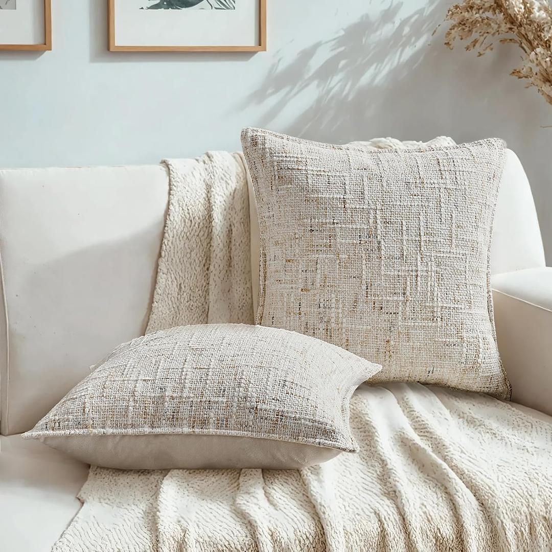 HAUSSY Pack of 2 Pillow Covers 18x18 Inch, Reversible Chenille Decorative Throw Pillows Farmhouse Neutral Cushion Covers Home Decor Soft Pillowcases for Couch Living Room Sofa Bed, Cream(Covers Only)