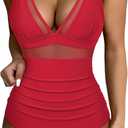 SUUKSESS Women Sexy Mesh Tummy Control Swimsuit Push Up High Waisted Bathing Suit (Large, 10 Red)