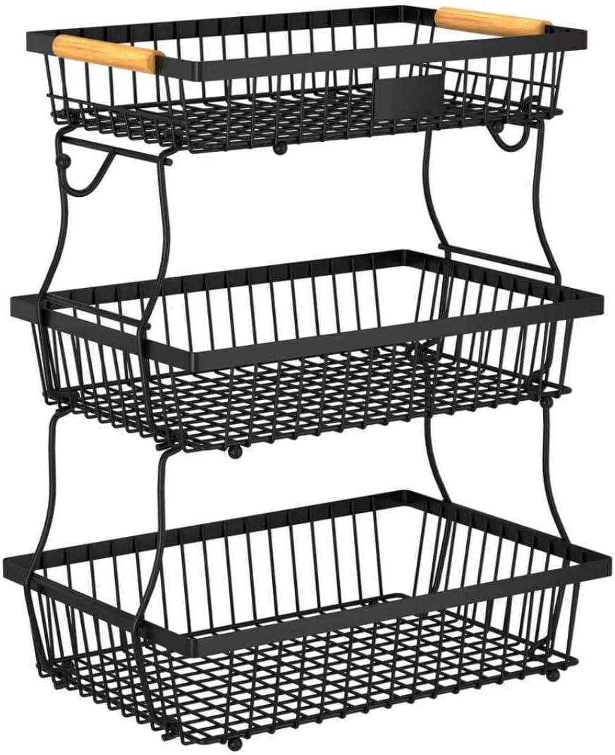 3 Tier Fruit Basket for Kitchen Counter with 2 Banana Hangers, Countertop Metal Fruit Bowl with Wooden Handle, Large Storage Stand for Vegetables, Snacks, Breads, Produce Storage Black