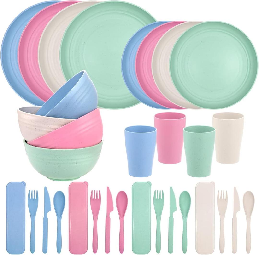 Supernal 32pcs Wheat Straw Dinnerware Sets,Unbreakable Dish,Light Weight Dinnerware Reusable Dishwasher Microwave Safe,Eco Friendly Plates,Cereal Bowls,Cups and Utensils Sets