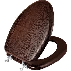 Elongated Wood Toilet Seat Support 400 lbs. Heavy Duty Toilet Seat with Natural Wood Veneer for Bathroom, Dark Walnut Toilet Lid with Chrome Hinges, Grip-Tight Bumpers, Easy Clean, Easy Install