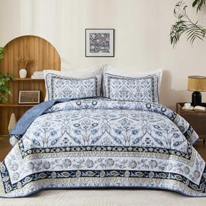 DJY King Size Quilt Sets, Navy Blue Floral Quilt Set King 3 Pieces Boho Bedspread Coverlet Set with 2 Pillowcases Soft Lightweight Microfiber Bedding for All Season (90"x104")