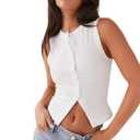 Women Y2k Button Down Tank Tops Knitted Solid Color Sleeveless Vest Top Slim Fit Crop Going Out Tops Streetwear (White, M-L)