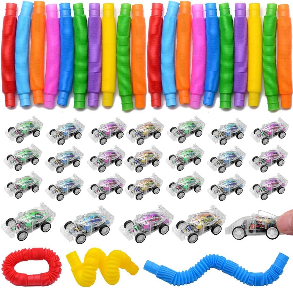 VKTEN 56PCS Party Favors for Kids, 28 Pop Tubes and 28 Mini Pull Back Cars, Birthday Party Favors, Goodie Bag Stuffers, Treasure Box Toys, Classroom Prizes, Carnival Rewards for Boys and Girls
