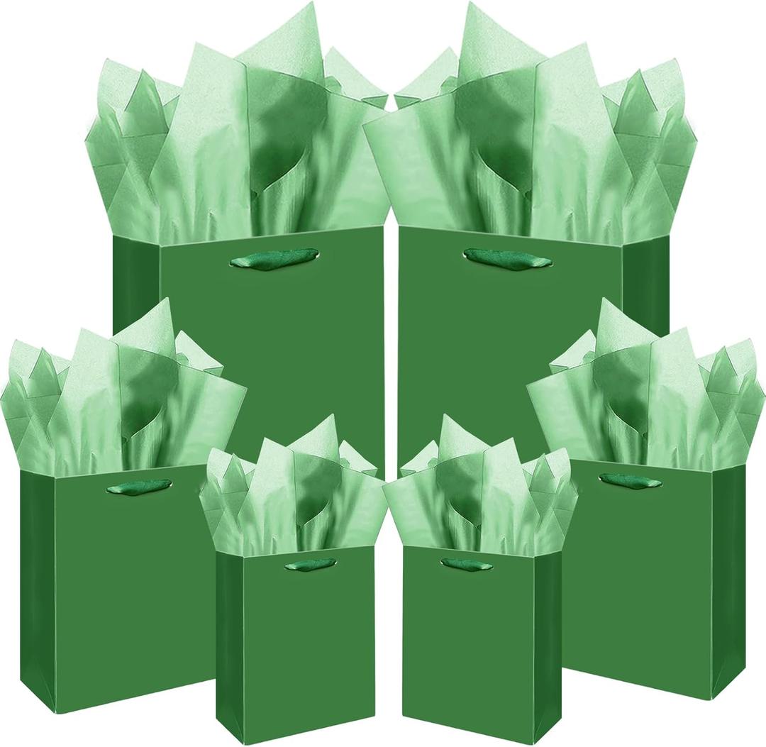 qiqee Deep Green Gift Bags with Tissue Paper Mulit Assorted Sizes 10PCS Present Party Favor Birthday Bags(2pcs Large 13", 4pcs Medium 9", 4pcs Small 6"22pcs Tissue Paper)