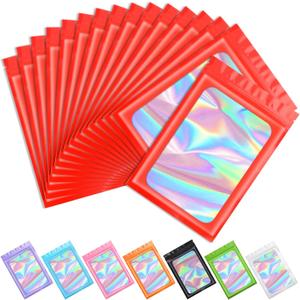 Funfery 100 pcs Red Smell Proof Mylar Holographic Bags Packaging Bags,Clear Resealable Odor Proof Bag Foil Pouch Bag for Food Storage,Lipgloss,Jewelry,Eyelash Packaging for Small Business(3x4.7In)