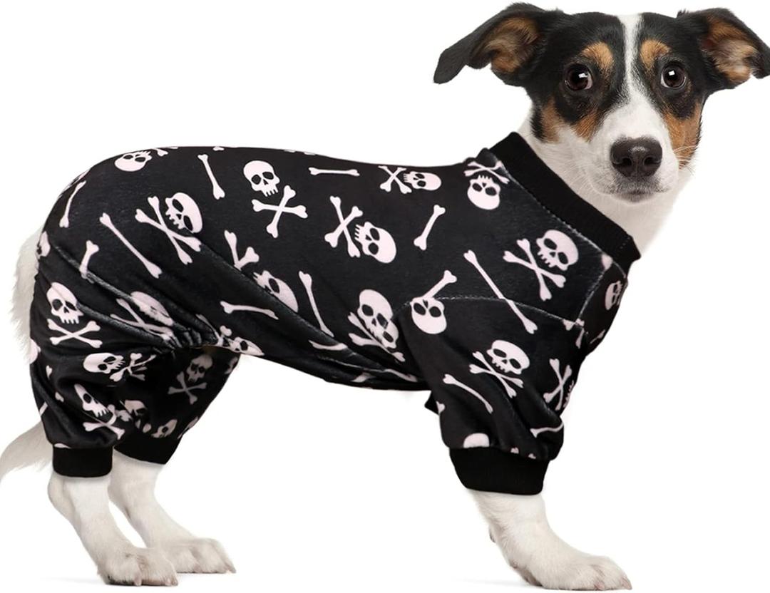 Dog Pajamas Halloween Dog Costume Short Plush Pet Pjs Skull&Crossbones Super Soft and Stretchy Pet Jammies for Large Dogs (L)