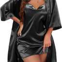 Ekouaer Women's Satin Robe Set Nightgown with Robes Silk Pajama Set 2 Pieces Lingerie Cowl Neck Cami Sleepwear Sets (Small, Black)