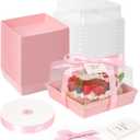 7 x 7 x 4 Inches Paper Cake Boxes with Clear Lids, 50 Pack Pink Large Charcuterie Square Food Containers, Mother's Day Disposable Bakery Boxes for 4-6 Inch Bundt Cake, Pie, Dessert