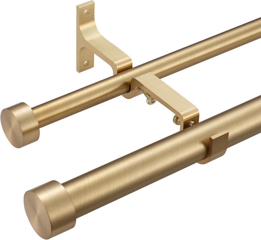 Double Curtain Rods for Windows, 1''Front and 5/8''Back Double Drapery Rods with Premium Aluminum Brackets and End Cap Finials, Adjustable Double Window Curtain Rod (Warm Gold, 36-72")