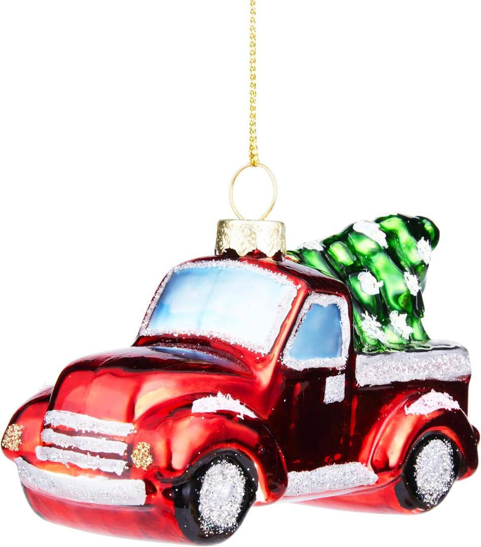 Joiedomi Red Truck with Tree Mini Christmas Ornaments, Blown Glass Small Funny Ornament for Christmas Tree Hanging Decorations Indoor, Xmas Party Favors Cute Presents