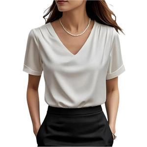 SOLY HUX Women's Satin Blouse Dressy Casual V Neck Short Sleeve Shirts Elegant Office Tops, Large