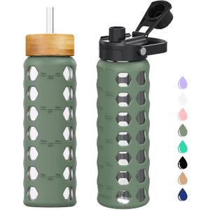 MUKOKO Glass Water Bottles, 24oz Glass Tumbler with Straw, Drinking Bottles with 2 Lids-Handle Spout Lid&Bamboo Straw Lid, Motivational Water Bottle with Time Marker and Silicone Sleeve, 1 Pack-Olive