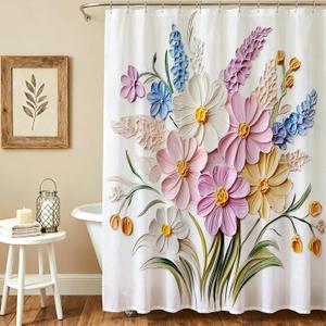 Vintage Floral Shower Curtain Pink Boho Farmhouse Flowers Shower Curtain for Bathroom Waterproof Fabric Retro Bath Curtain for Floral Bath Decor 72 X 72 Inch (White)