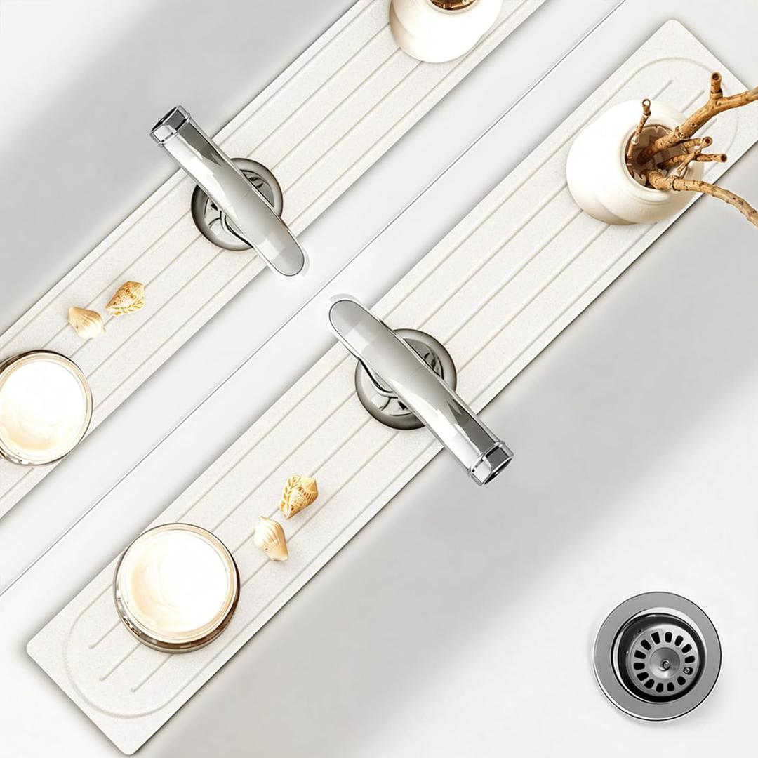 Faucet Mat for Kitchen Sink, Diatomite Stone Drying Mat & Sink Protector, Prevent Moisture, Quick-Dry Splash Guard for Kitchen & Bathroom Counter, Ivory, 23.6" x 3.9"