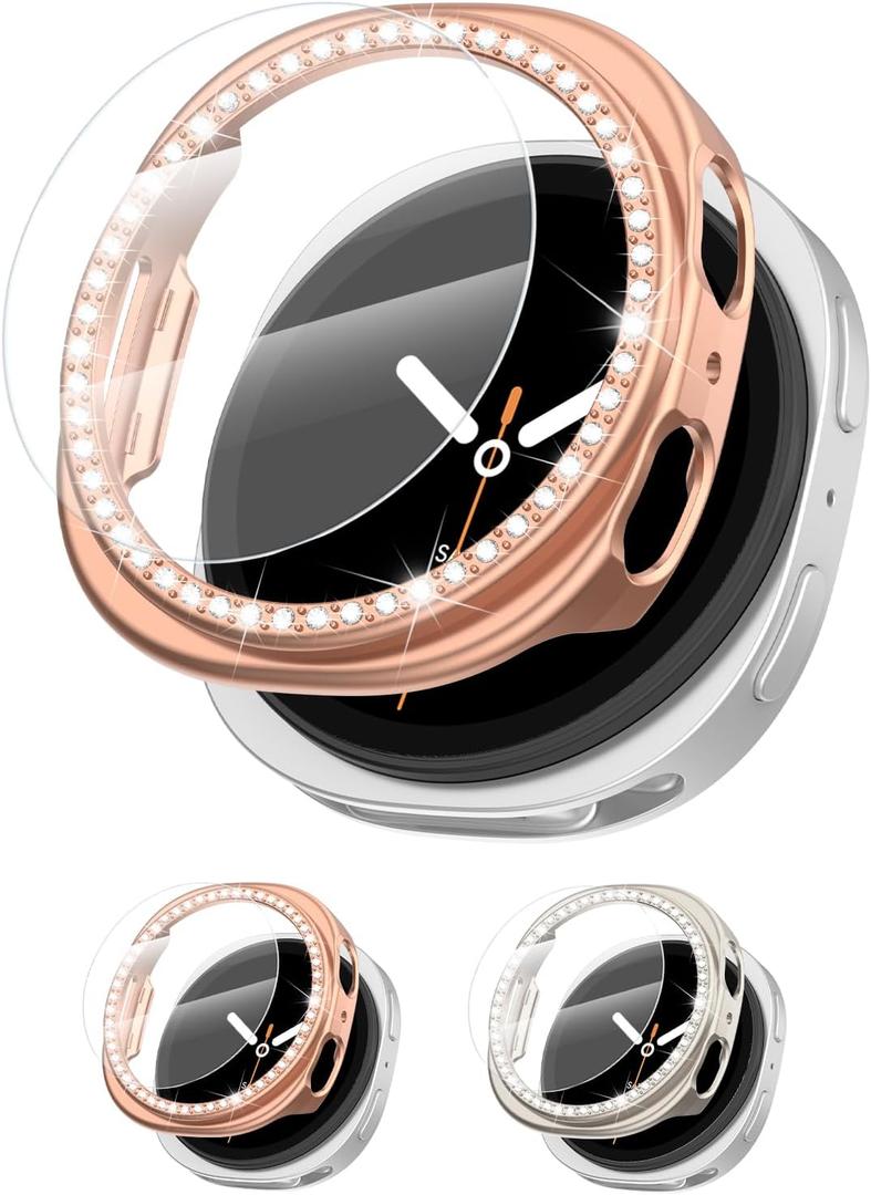 [2+2Pack Bling Diamond Case for Samsung Galaxy Watch 8 Screen Protector 40mm Women, Glitter Rhinestone Protective Hard PC Bumper Covers for Galaxy Watch 8 Case 40mm Cover Accessories (09-Rose Gold/Starlight)