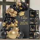 Graduation Decorations 2026,4 Pcs Transparent Balloon Boxes with Letters of GRAD,PROUD OF YOU,Class of 2026 and 130pcs Black Gold Balloons Arch for High School College 2026 Grad Party Supplies