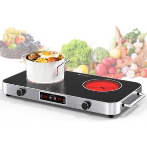 VBGK Electric Cooktop,110V 2200W Electric Stove with Knob Control,9 Power Levels, Kids Lock & Timer,LED touch control,Overheat Protection Electric Stove Top,12 Inch desktop 2 burner electric cooktop