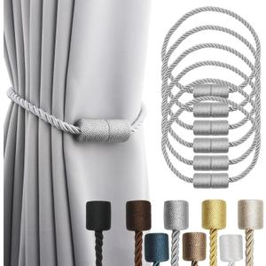 6 Pack Grey Strong Magnetic Curtain Tiebacks Outdoor Elegant Decorative Tie Backs Modern Rope Tiebacks for Drapes Window Curtain Holdbacks for Draperies