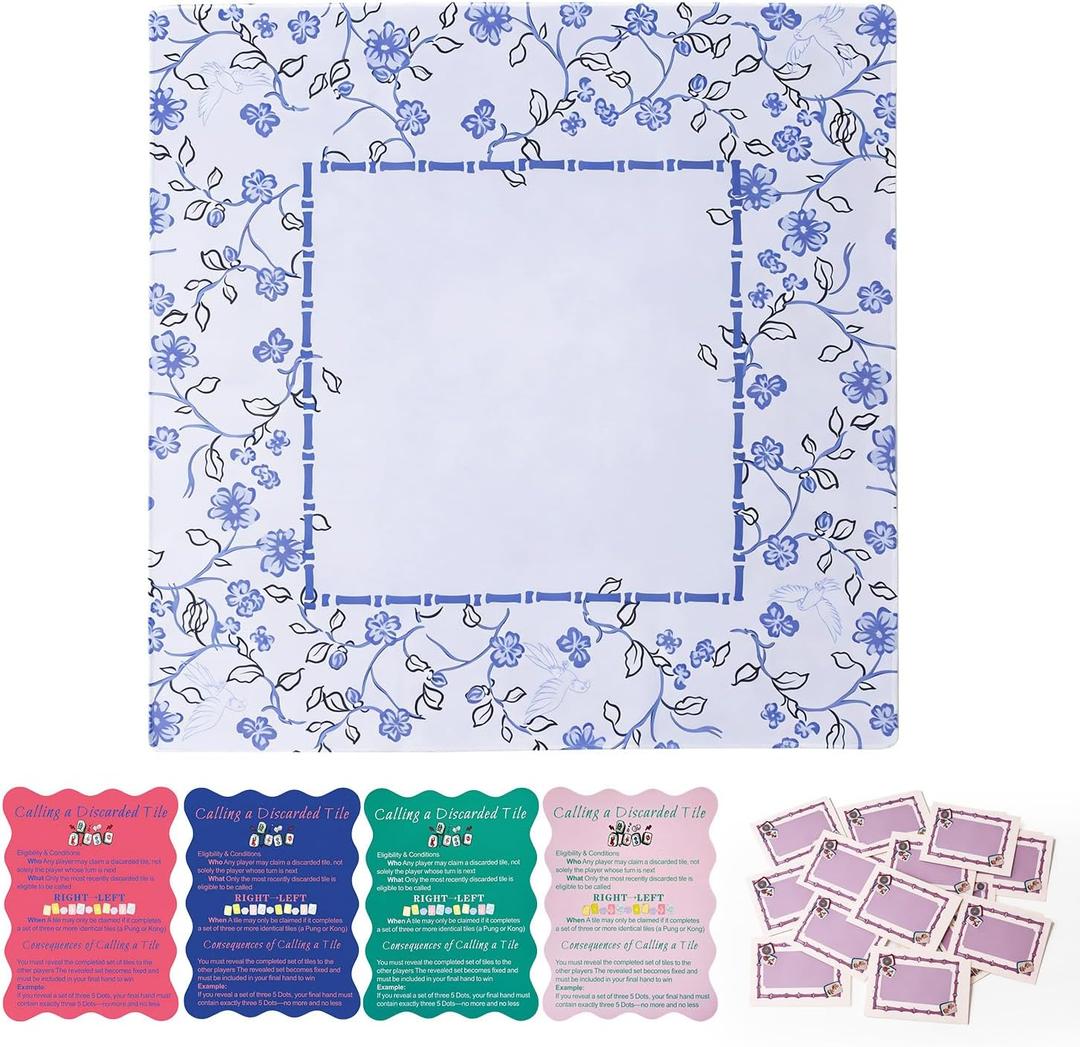 31.5in Large Blue Mahjong MatAnti-Slip, Noise-Reducing Table Cover for Mahjong, Poker, Board Gameswith 4 Mahjong Shuffle Cards with Rules and 25 Scratch Off Crads Mahjong Party Supplies