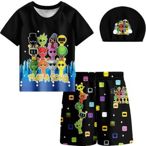 Boys Swimwear 3Pcs Sets Kids Music Game Tee Swimsuit with Swimming Cap for 5-12Y Adventure Child Clothes (9-10 Years, Pureblack)
