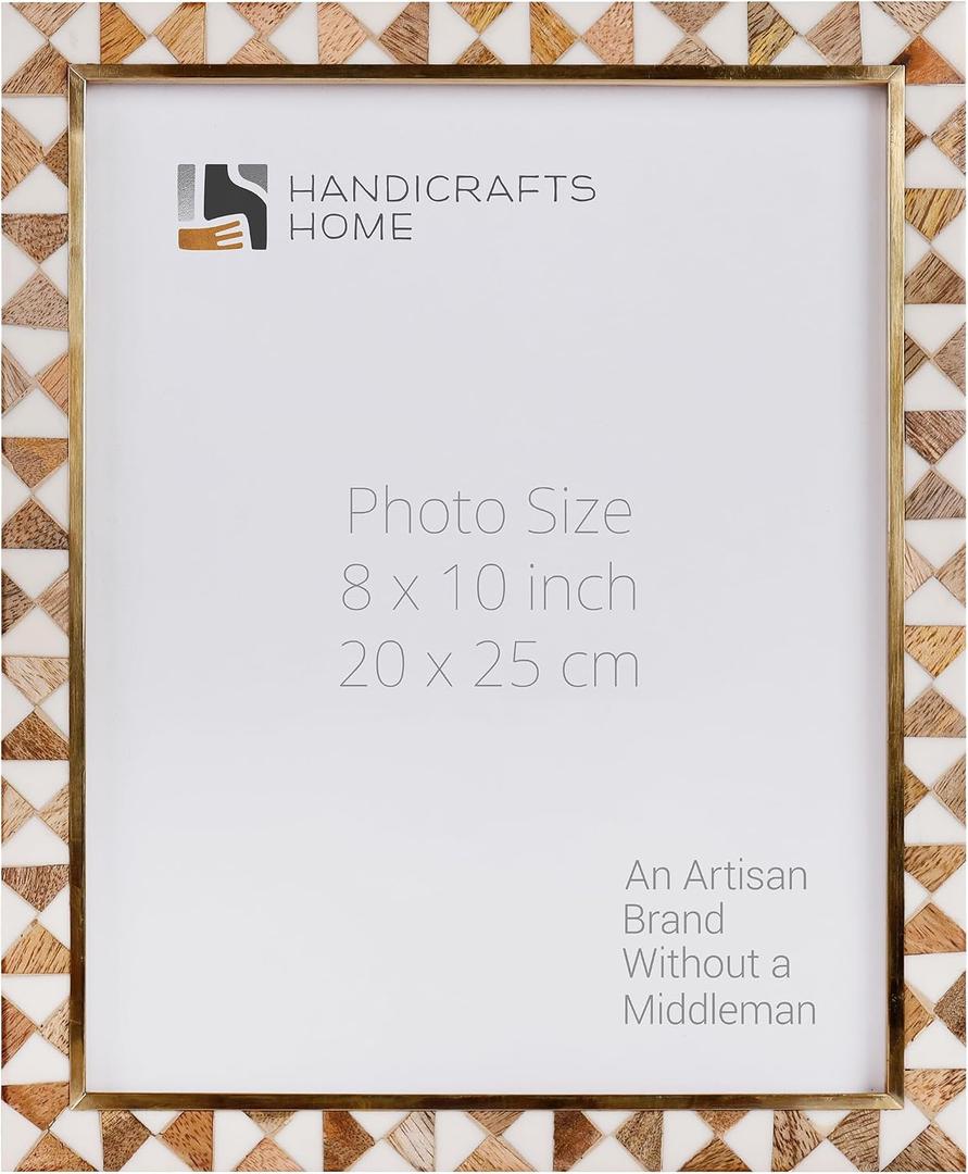 Handicrafts Home Wood 8x10 Picture Frame, White & Wood photo frame for vintage Decor, Boho Chic Decorative Frame for Wall & Tabletop, Brass Frame, Vintage Farmhouse Boho Home Decor, Desk Decor, Gallery Wall- Halo Ivory