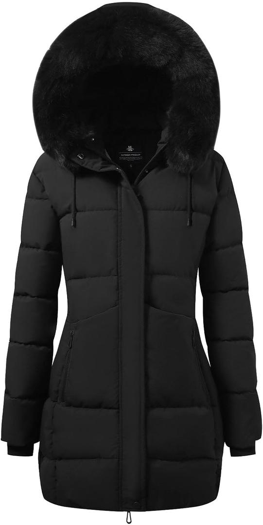 ASPO Women's Winter Warm Coats Waterproof Thick Fleece Lined Down Puffer Jacket 5 Pockets Long Parka Faux Fur Detachable Hood Black S (Black, S)